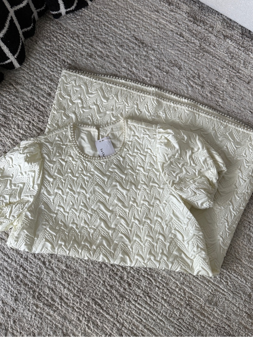 Cream Textured Puff-Sleeve Pearl Dress